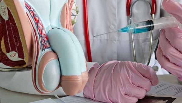 doctor aiming syringe at fake penis model